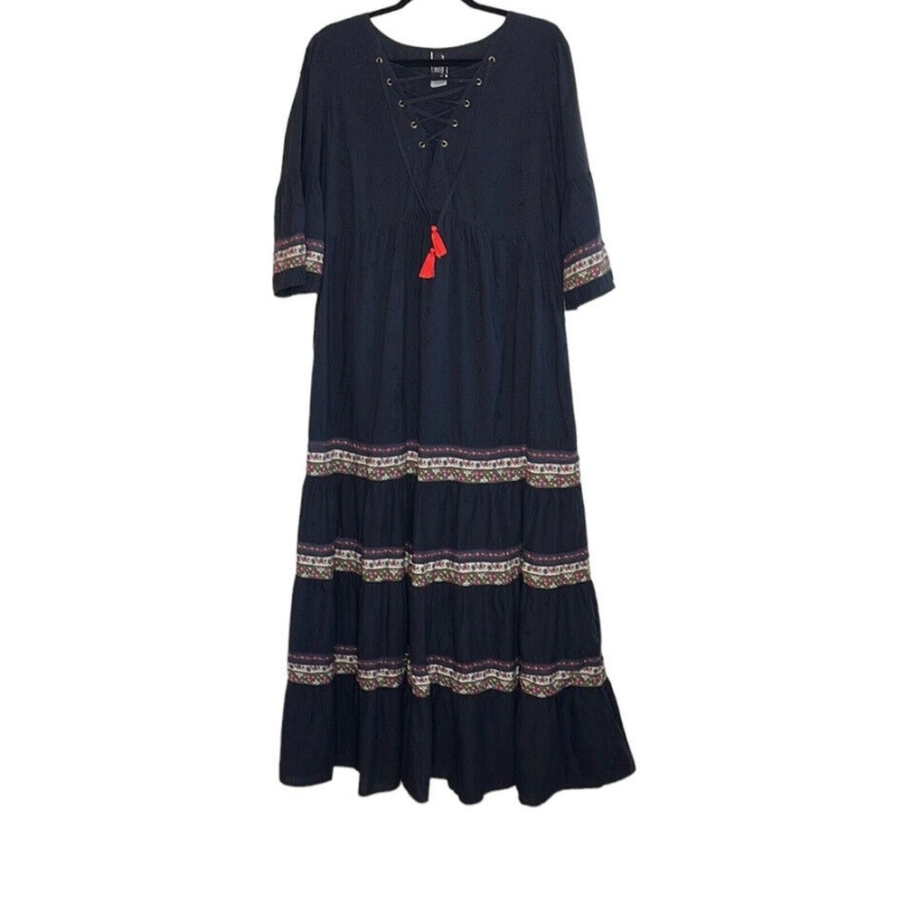 Jets by Jessika Allen Black Embroidered Lace Up Boho Tiered Maxi Dress Size 8 - Picture 2 of 7
